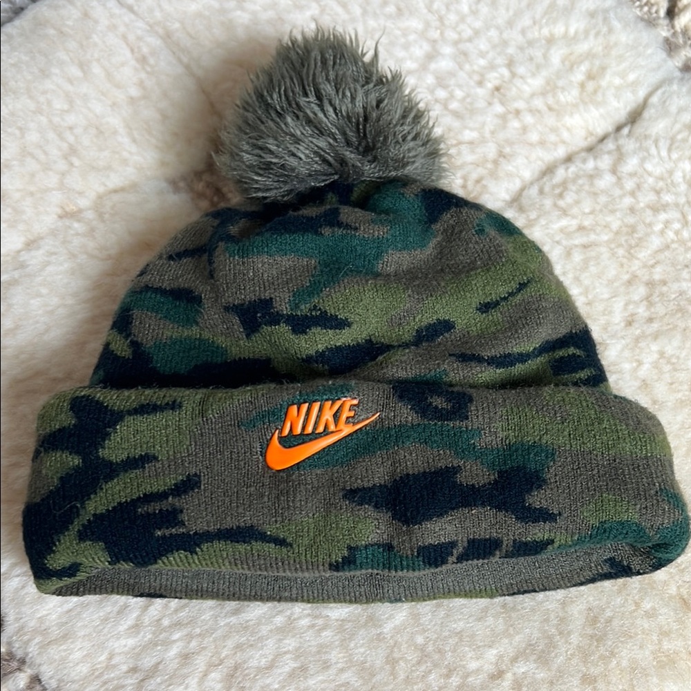 Nike Kids Camo Beanie with Pom - Green and Orange